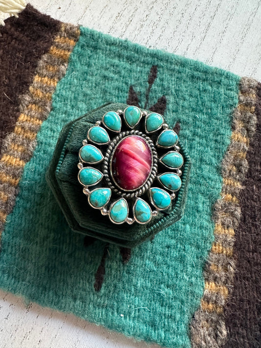 Beautiful Handmade Turquoise, Pink Tigers Eye And Sterling Silver Adjustable Ring Signed Nizhoni