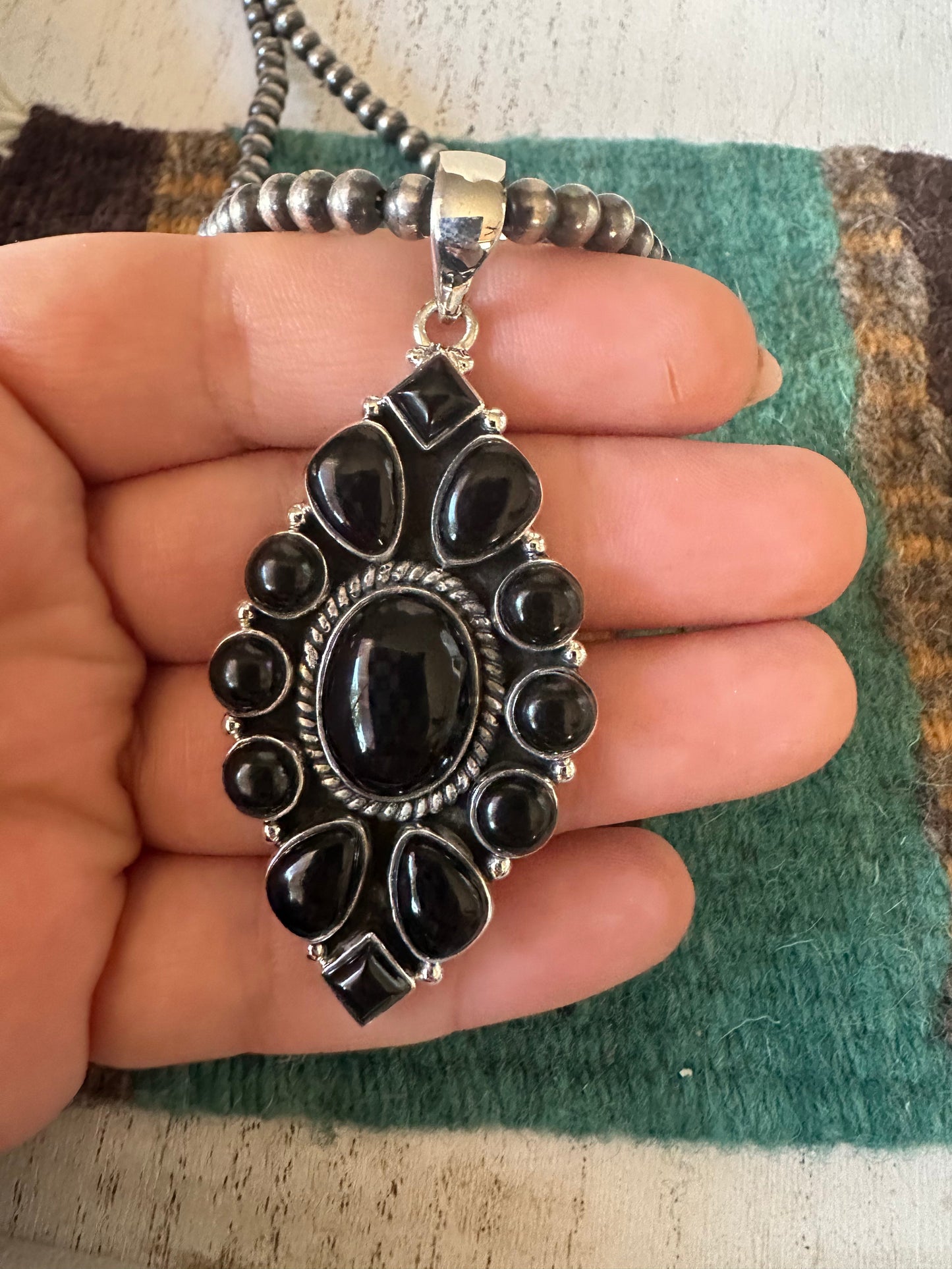 Handmade Sterling Silver &  Black Onyx Pendant Signed Nizhoni