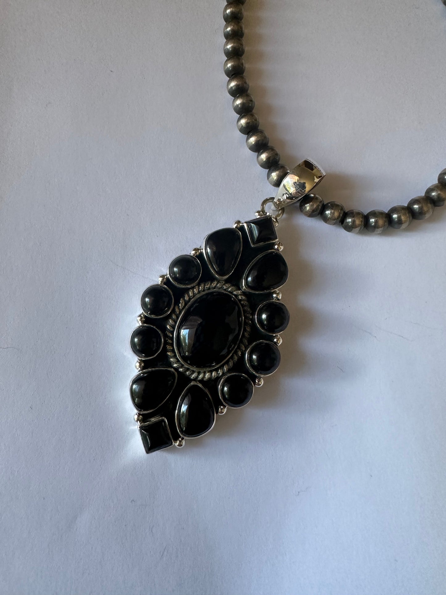 Handmade Sterling Silver &  Black Onyx Pendant Signed Nizhoni