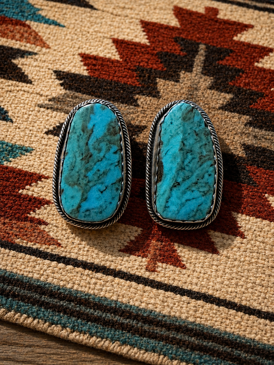 Handcrafted Turquoise & Sterling Silver Post Earrings Signed