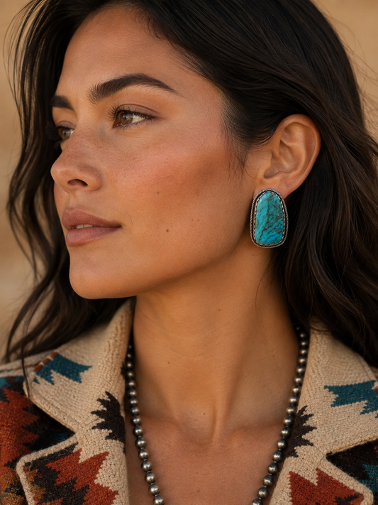 Handcrafted Turquoise & Sterling Silver Post Earrings Signed