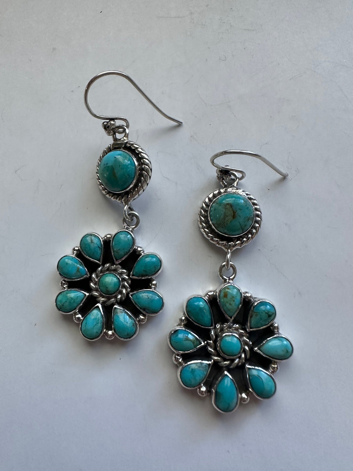 “Turquoise Flower Dangles” Handmade Turquoise and Sterling Silver Dangles