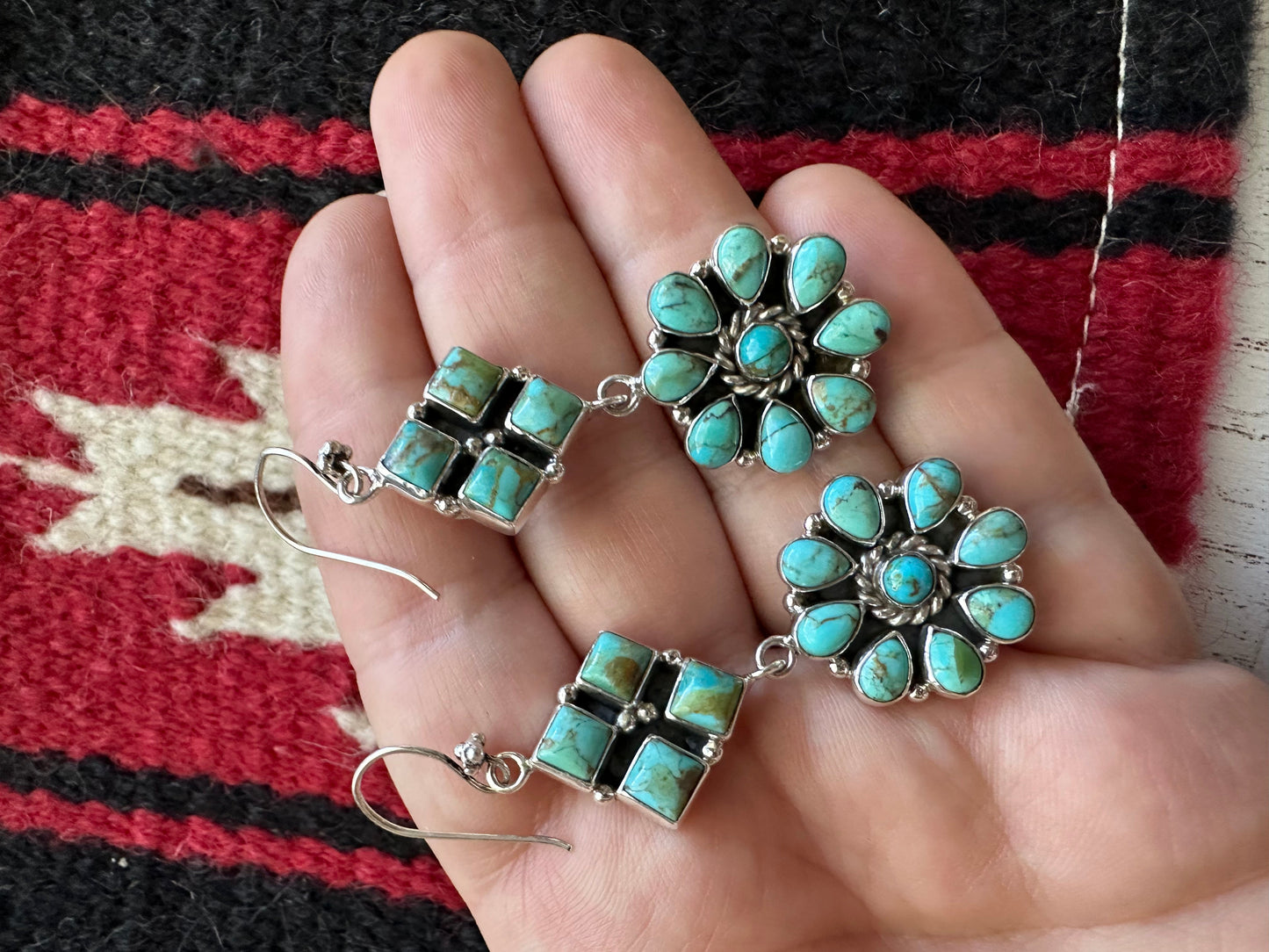 “Turquoise Flower Drop Dangles” Handmade Turquoise and Sterling Silver Dangles