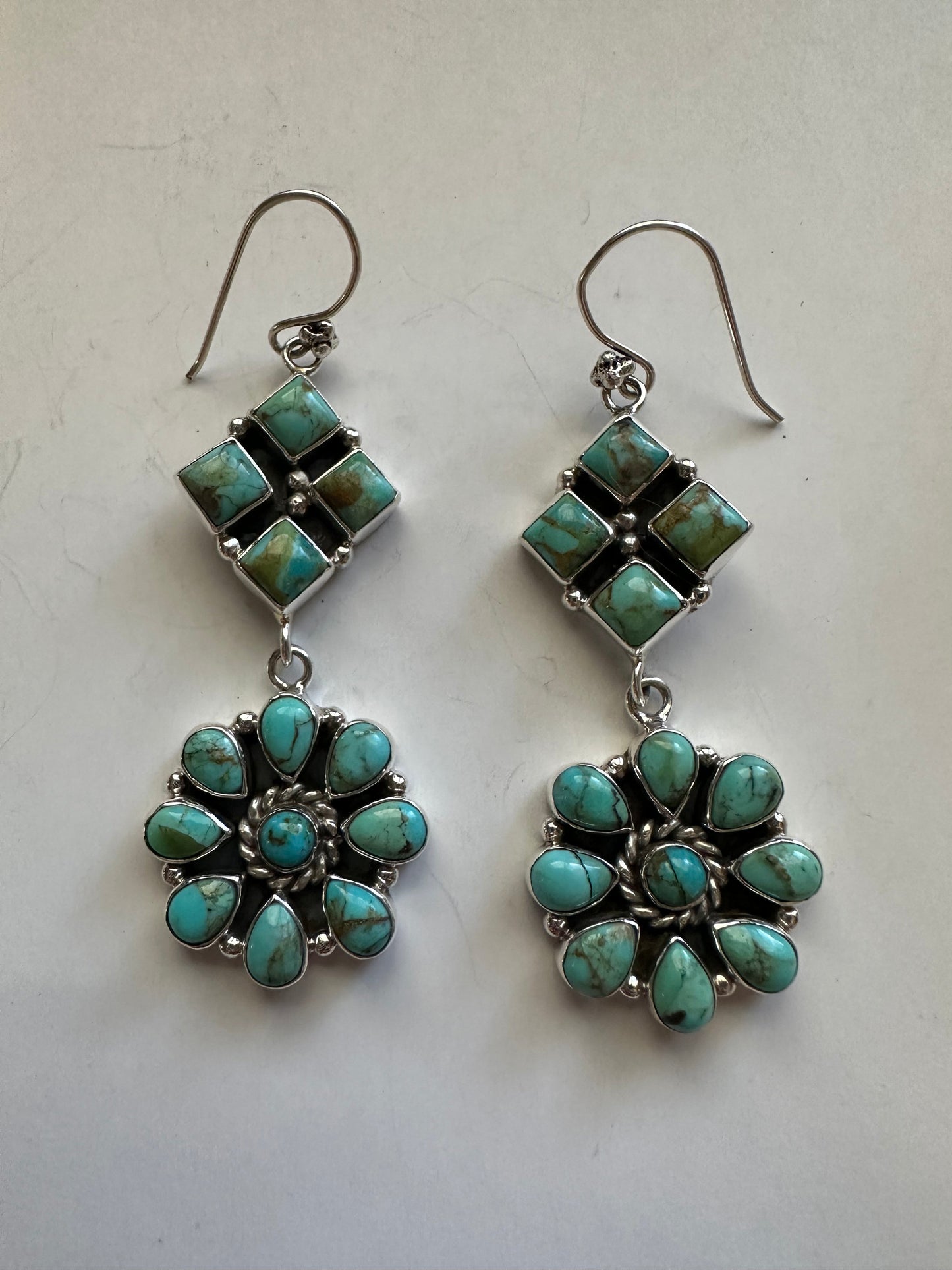 “Turquoise Flower Drop Dangles” Handmade Turquoise and Sterling Silver Dangles