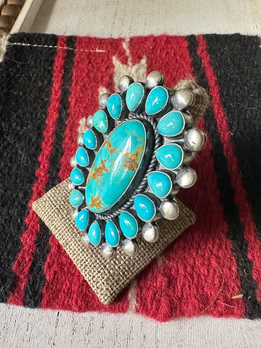Handcrafted Turquoise & Sterling Silver Ring Size 8.5 Signed RRB