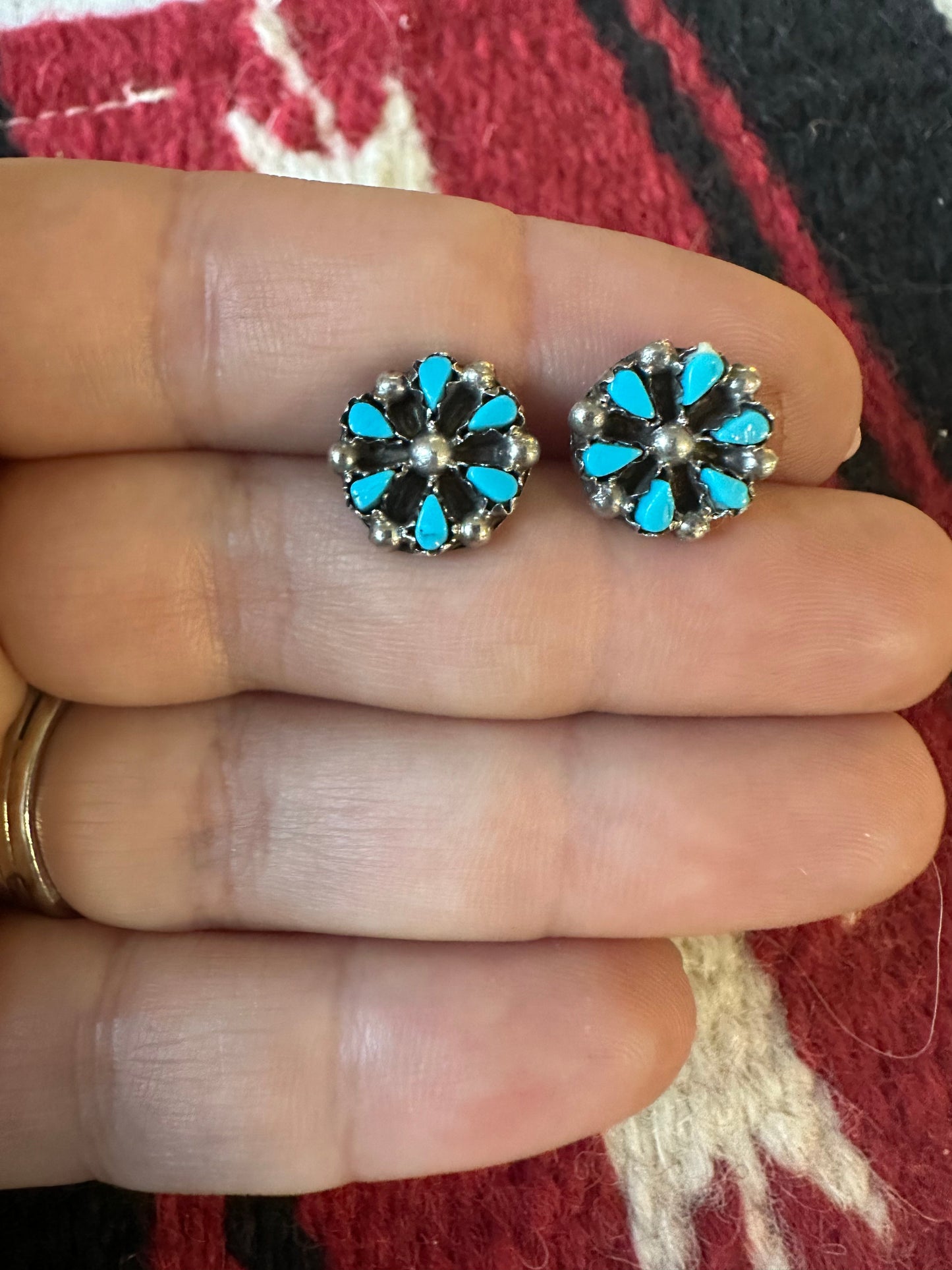 Zuni Sterling Silver & Turquoise Cluster Stud Flower Earrings
