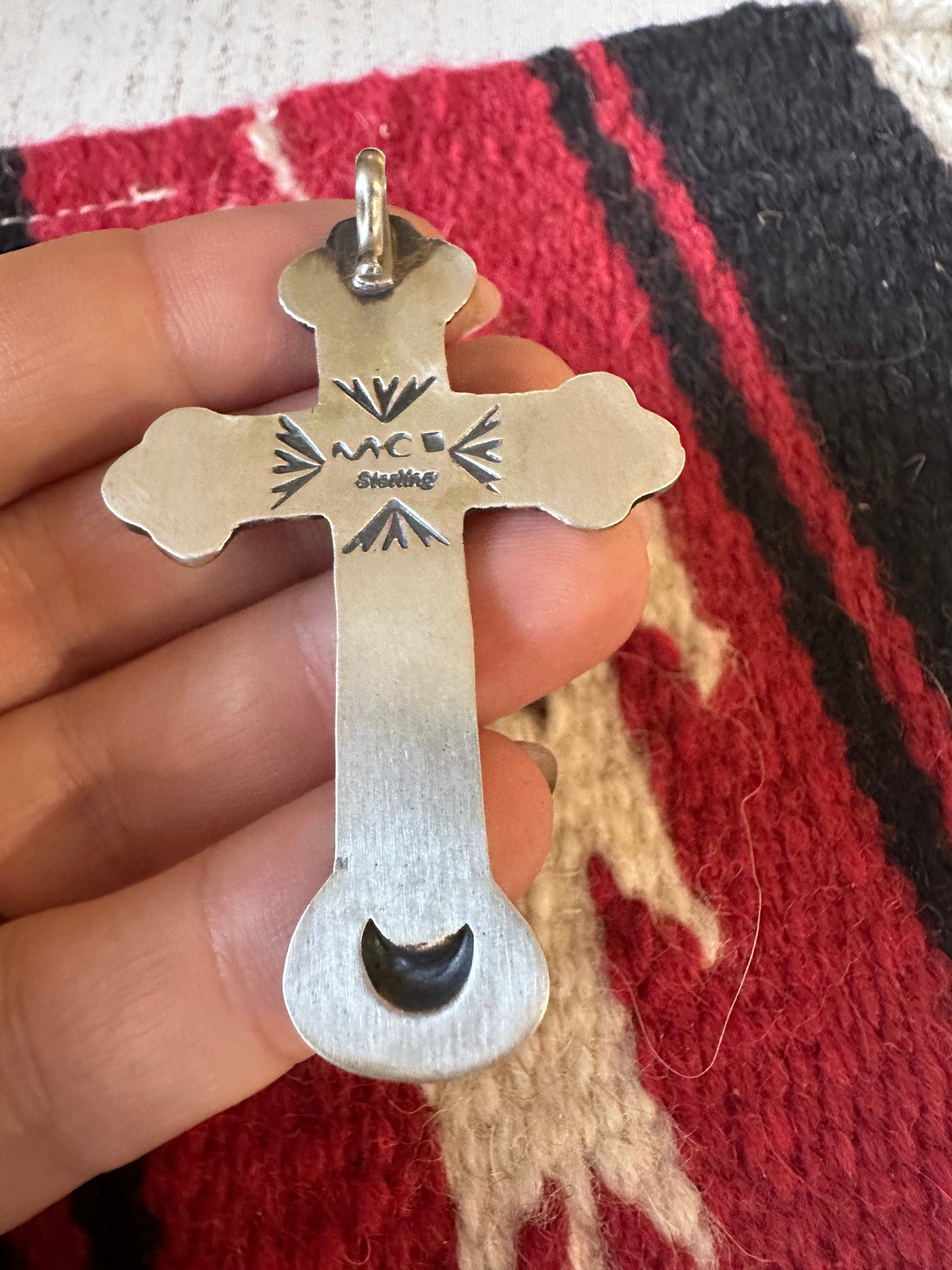 Beautiful Navajo Turquoise & Sterling Silver Cross Pendant Signed
