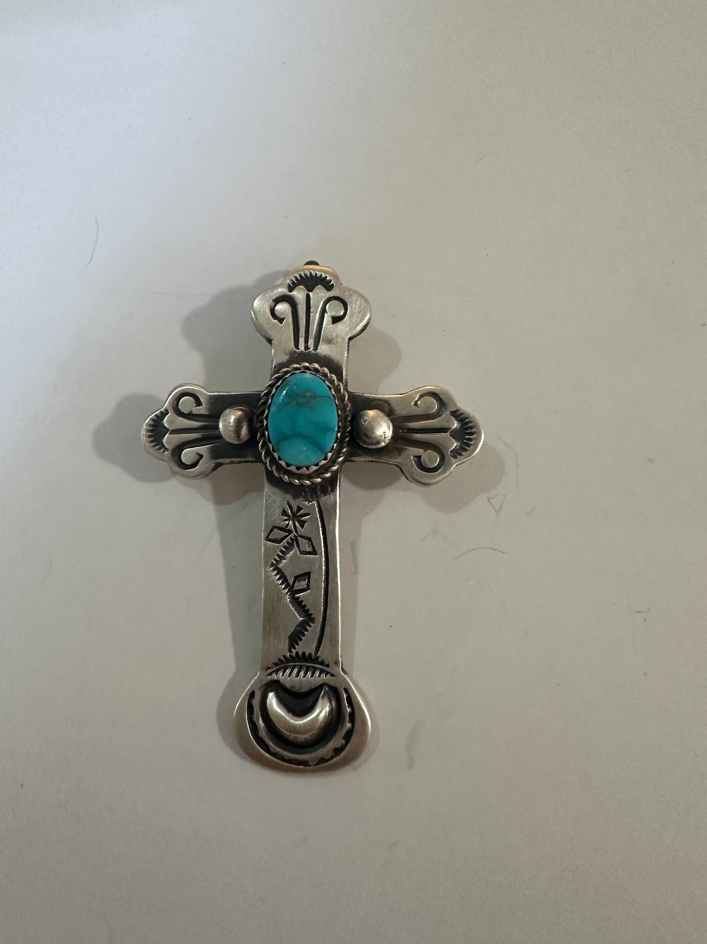 Beautiful Navajo Turquoise & Sterling Silver Cross Pendant Signed