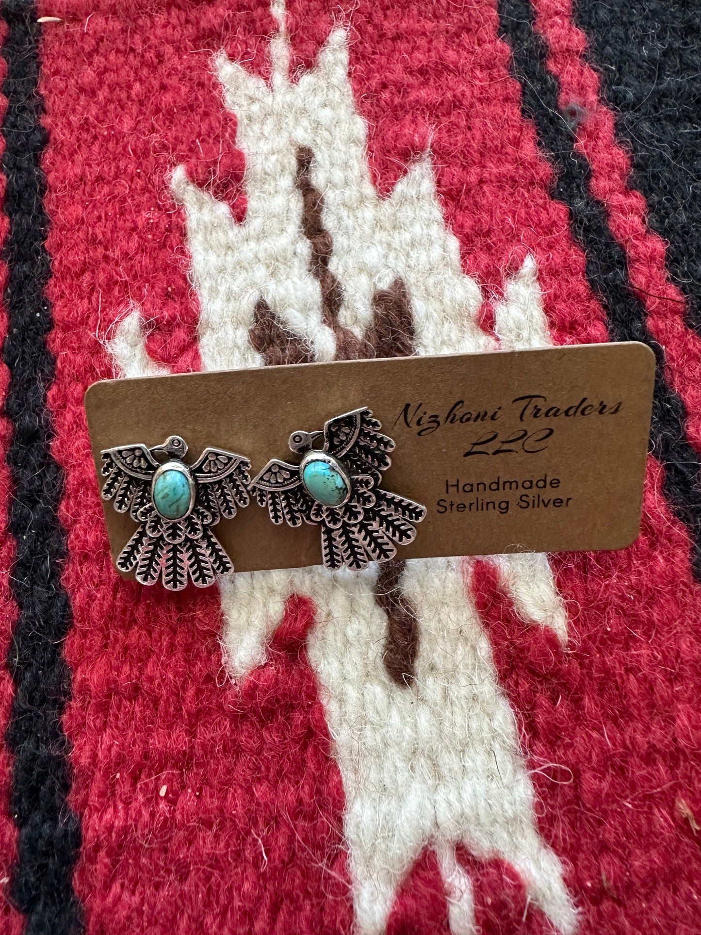 Handmade Sterling Silver & Turquoise Thunderbird Necklace Earrings Set Signed Nizhoni