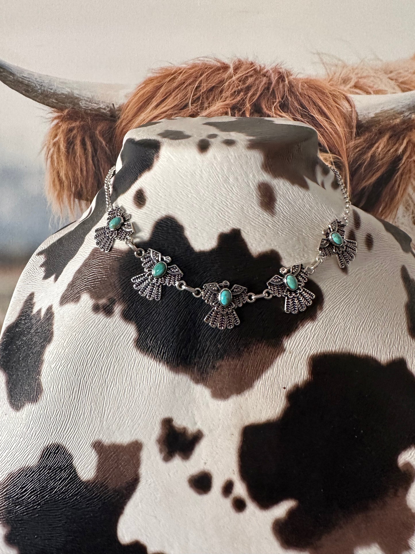 Handmade Sterling Silver & Turquoise Thunderbird Necklace Earrings Set Signed Nizhoni