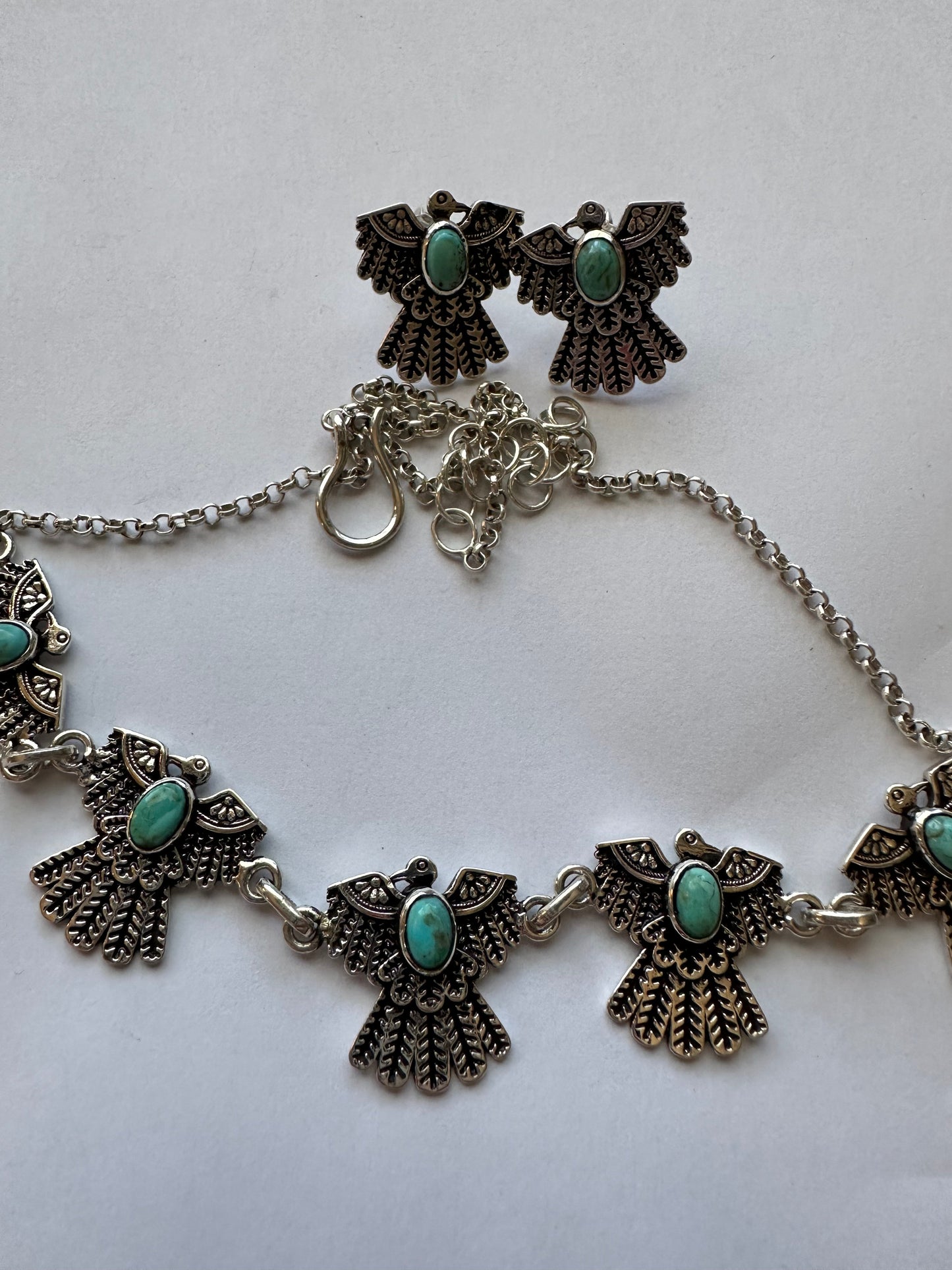 Handmade Sterling Silver & Turquoise Thunderbird Necklace Earrings Set Signed Nizhoni