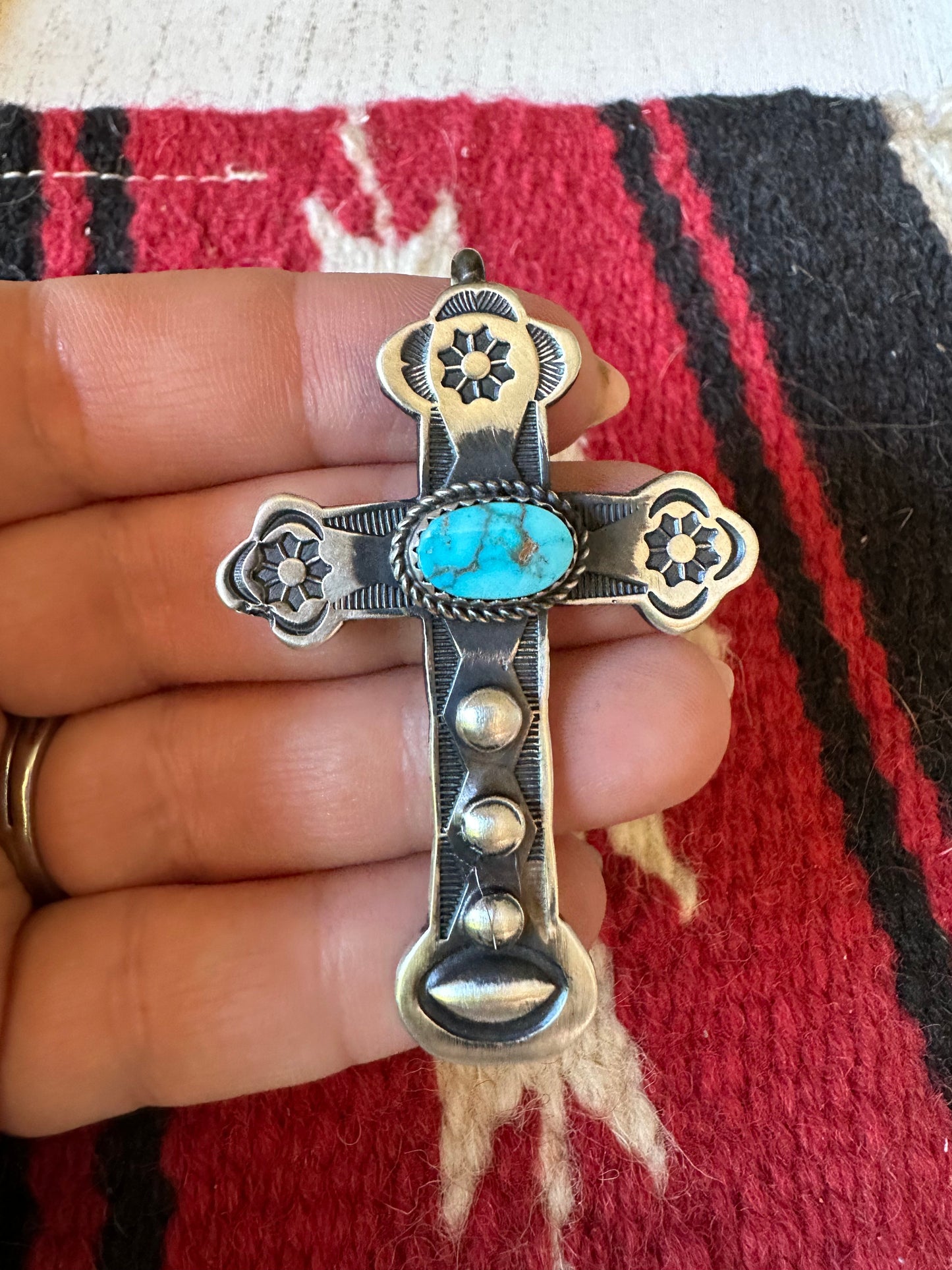 Beautiful Navajo Turquoise & Sterling Silver Cross Pendant Signed