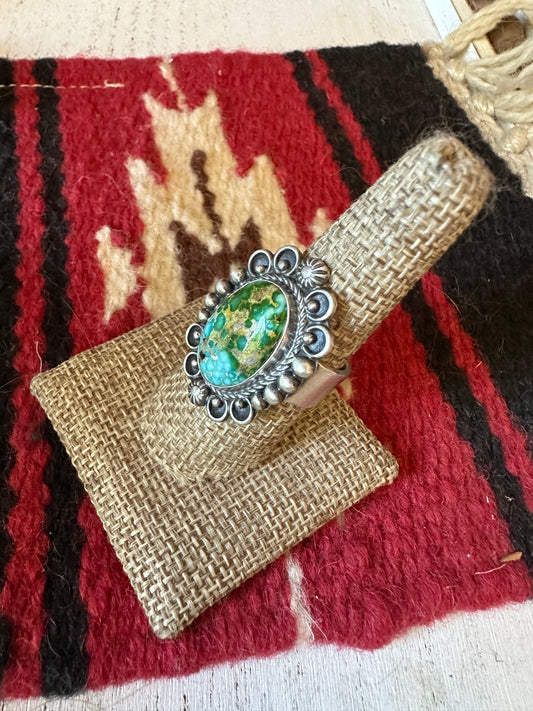 Handcrafted Sonoran Mountain Turquoise & Sterling Silver Single Stone Ring Size 8.5 Signed S.Tso