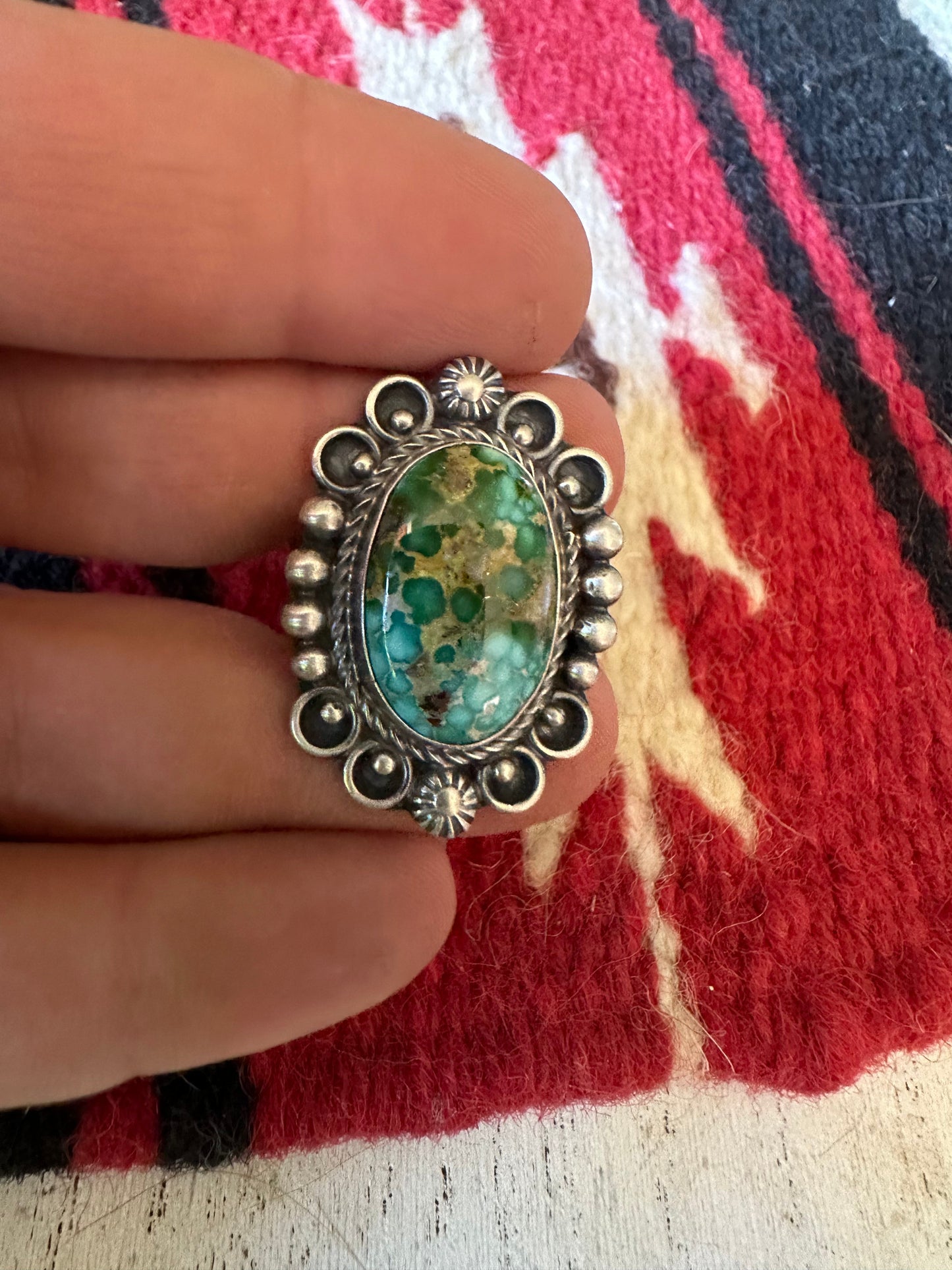 Handcrafted Sonoran Mountain Turquoise & Sterling Silver Single Stone Ring Size 8.5 Signed S.Tso