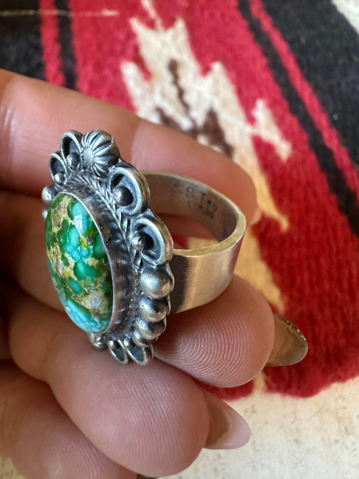 Handcrafted Sonoran Mountain Turquoise & Sterling Silver Single Stone Ring Size 8.5 Signed S.Tso