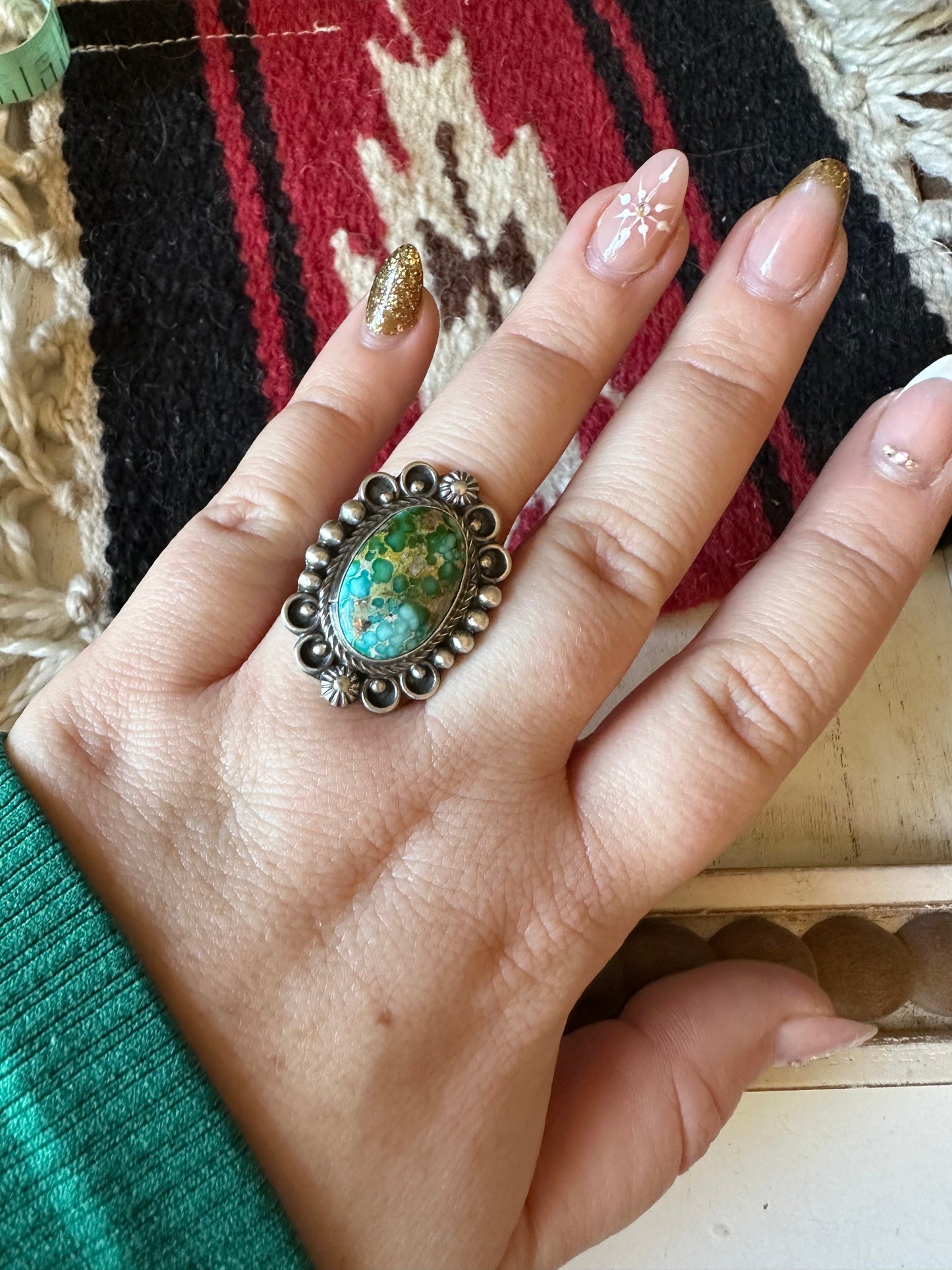 Handcrafted Sonoran Mountain Turquoise & Sterling Silver Single Stone Ring Size 8.5 Signed S.Tso