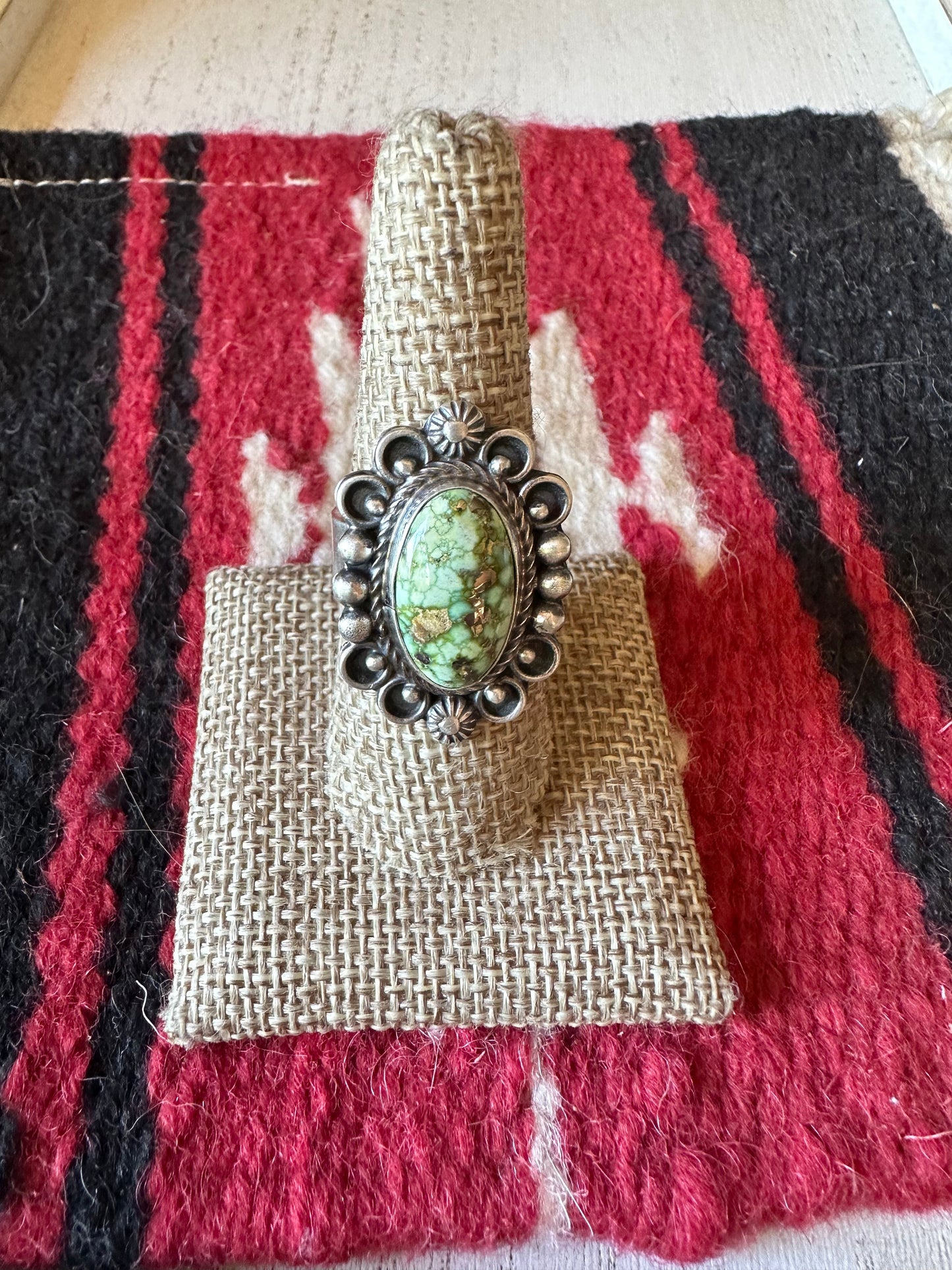 Navajo Sonoran Mountain Turquoise & Sterling Silver Single Stone Ring Size 8.5 Signed S.Tso