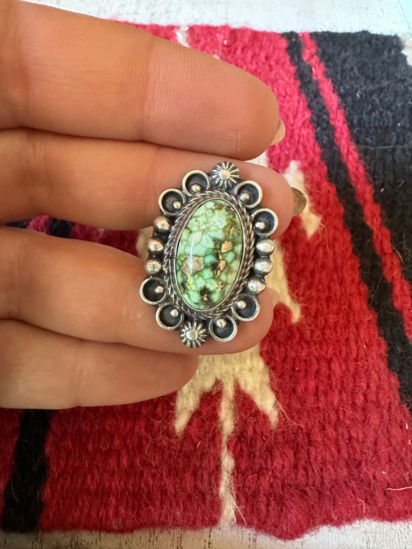 Navajo Sonoran Mountain Turquoise & Sterling Silver Single Stone Ring Size 8.5 Signed S.Tso