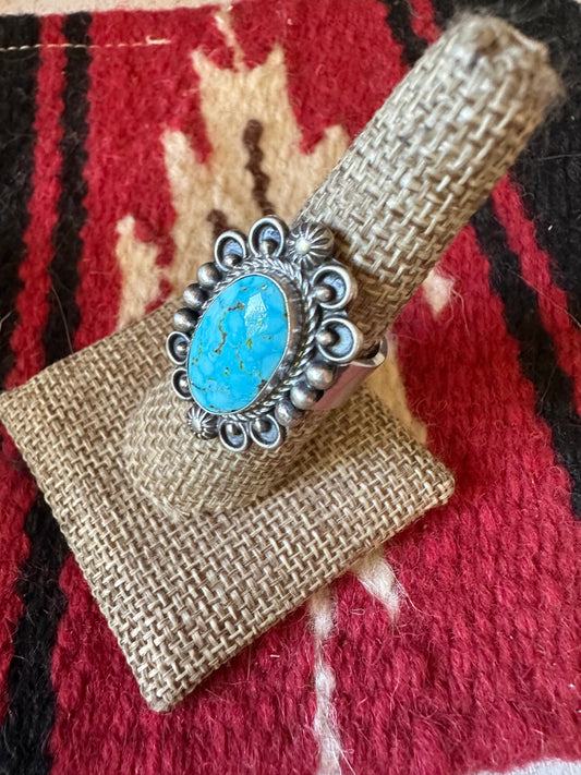 Navajo Sonoran Mountain Turquoise & Sterling Silver Single Stone Ring Size 8 Signed S.Tso