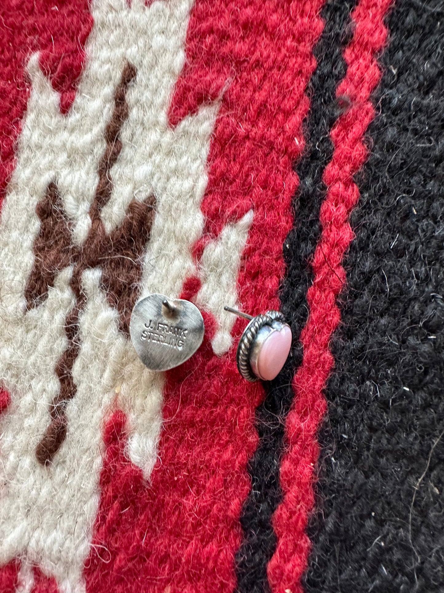 Navajo Queen Pink Conch & Sterling Silver Heart Stud Earrings Signed J Frank