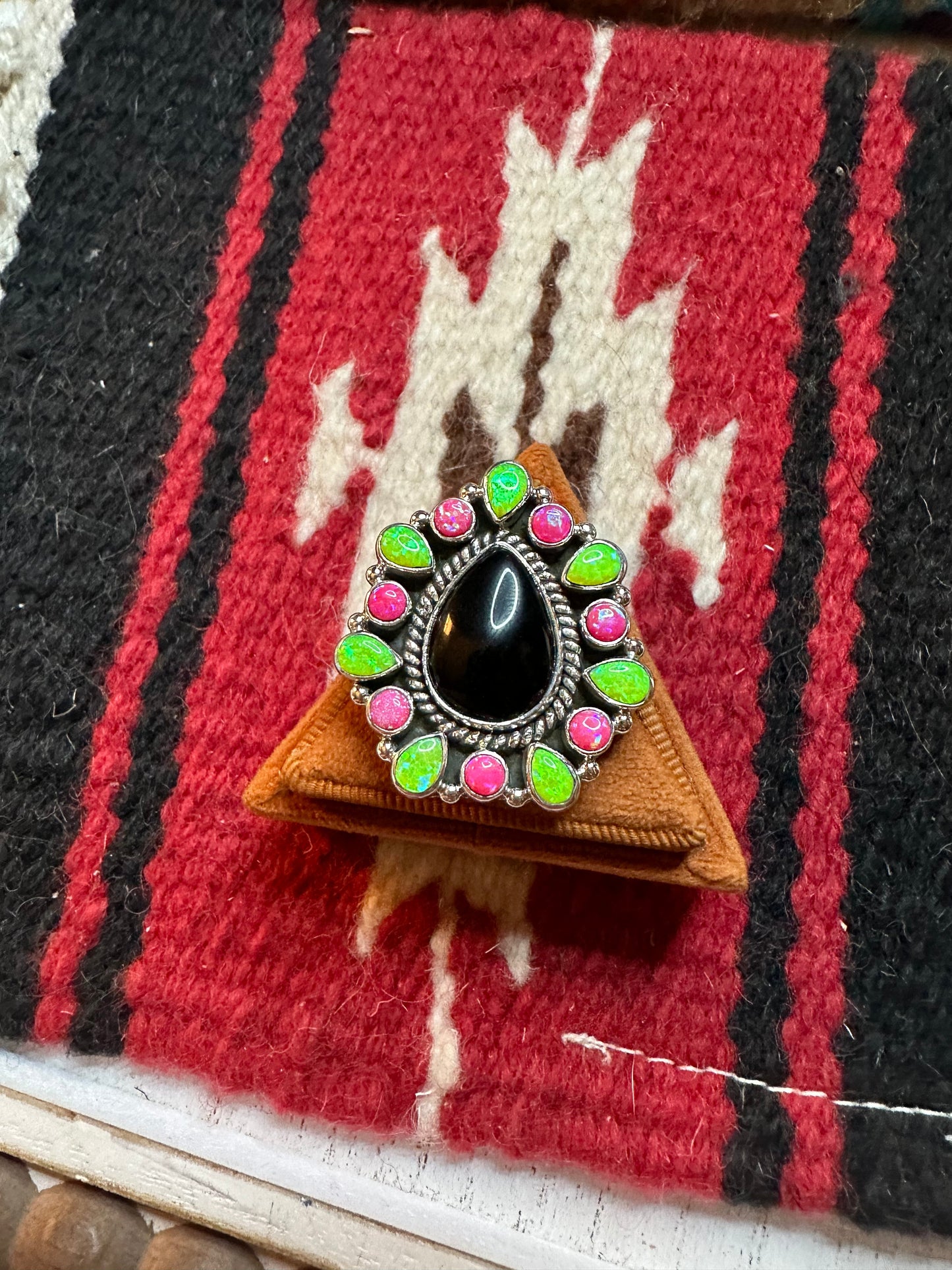 Nizhoni Handmade Adjustable Black Onyx, Pink & Green Fire Opal & Sterling Silver Ring