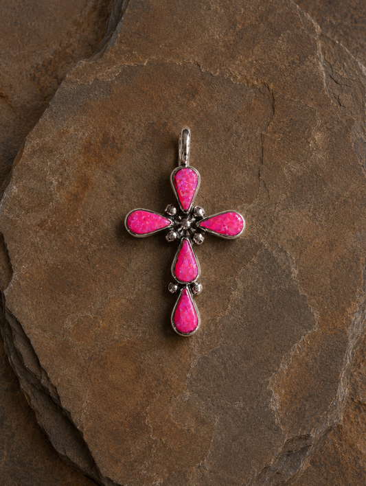Handcrafted Hot Pink Fire Opal Sterling Silver Cross Pendant
