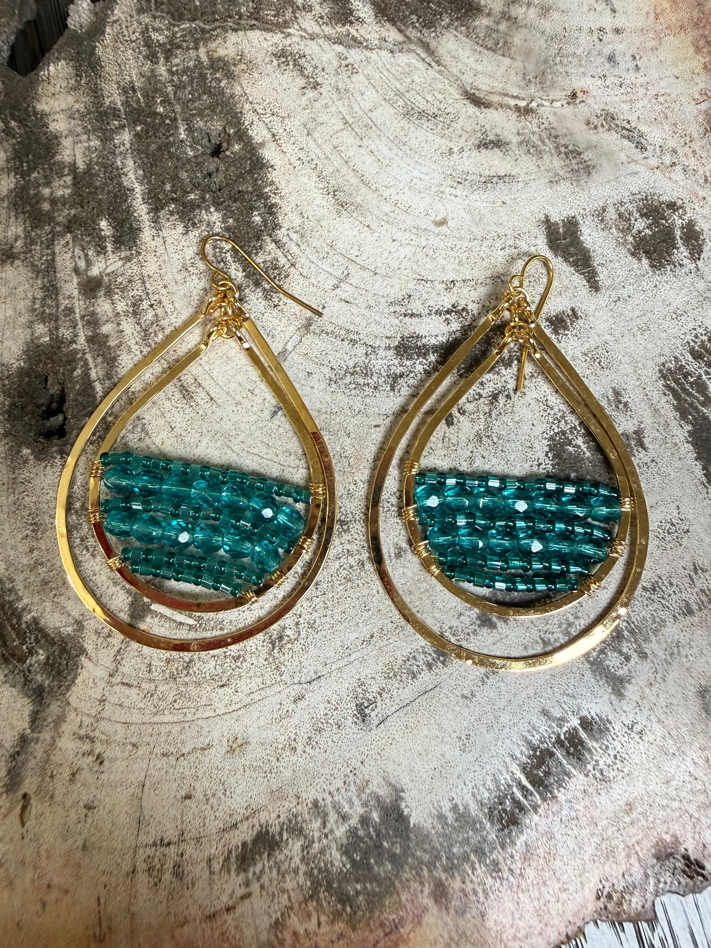 “The Golden Collection” Goldie Double Hoop Handmade Turquoise Beaded & 14k Gold Plated Earrings