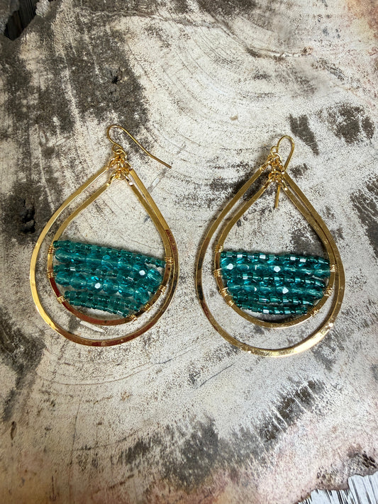“The Golden Collection” Goldie Double Hoop Handmade Turquoise Beaded & 14k Gold Plated Earrings