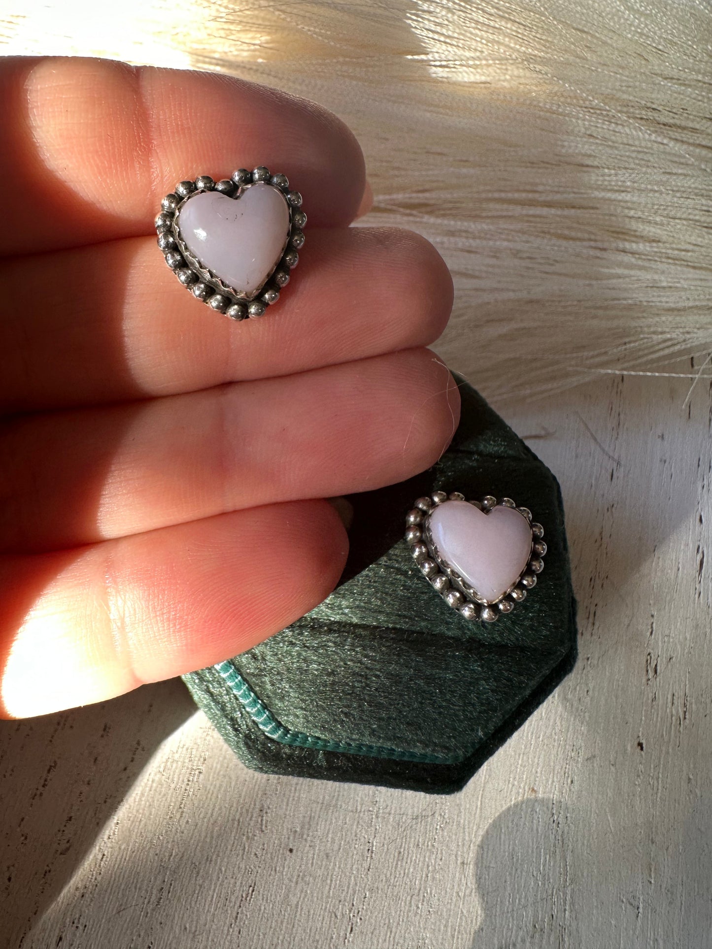 Handmade Pink Conch and Sterling Silver Heart Earrings Signed Nizhoni