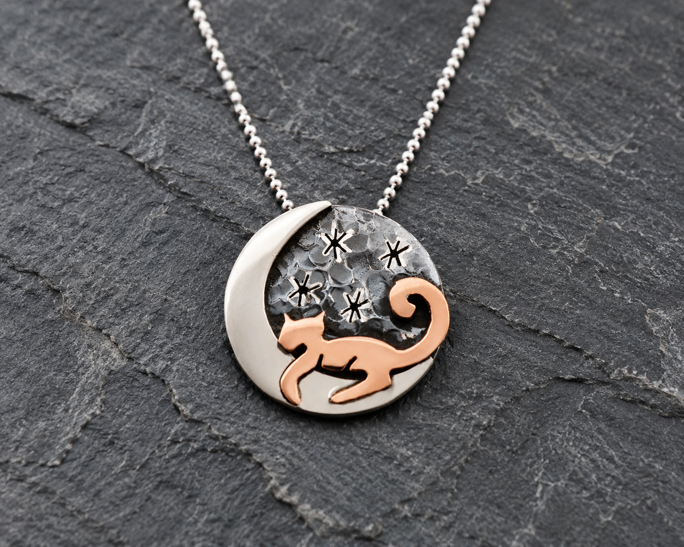 Cat on Starry Moon Sterling Silver & Copper Necklace
