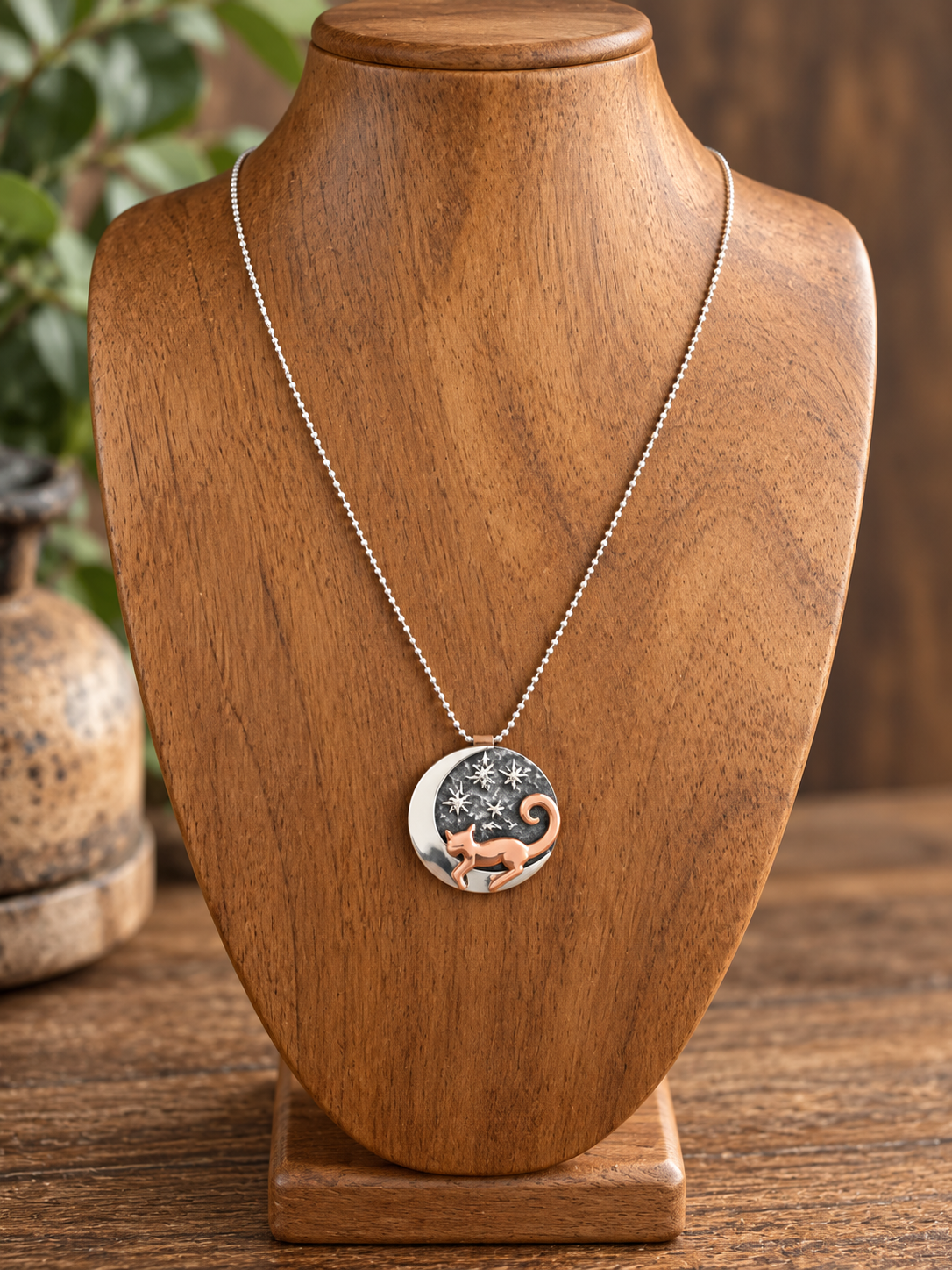 Cat on Starry Moon Sterling Silver & Copper Necklace