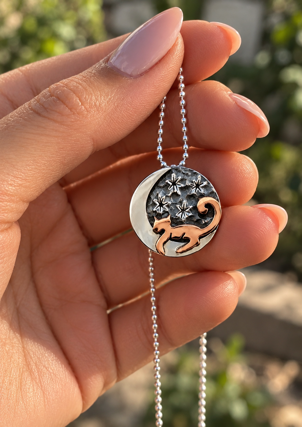 Cat on Starry Moon Sterling Silver & Copper Necklace