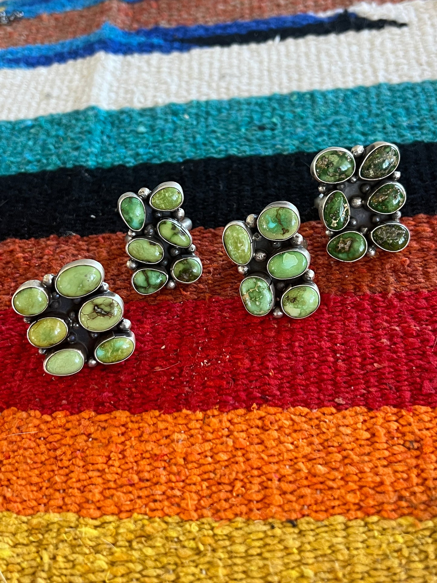 Handcrafted Sterling Silver and Sonoran Gold Turquoise Cluster Rings by Travis Jim, Size 8