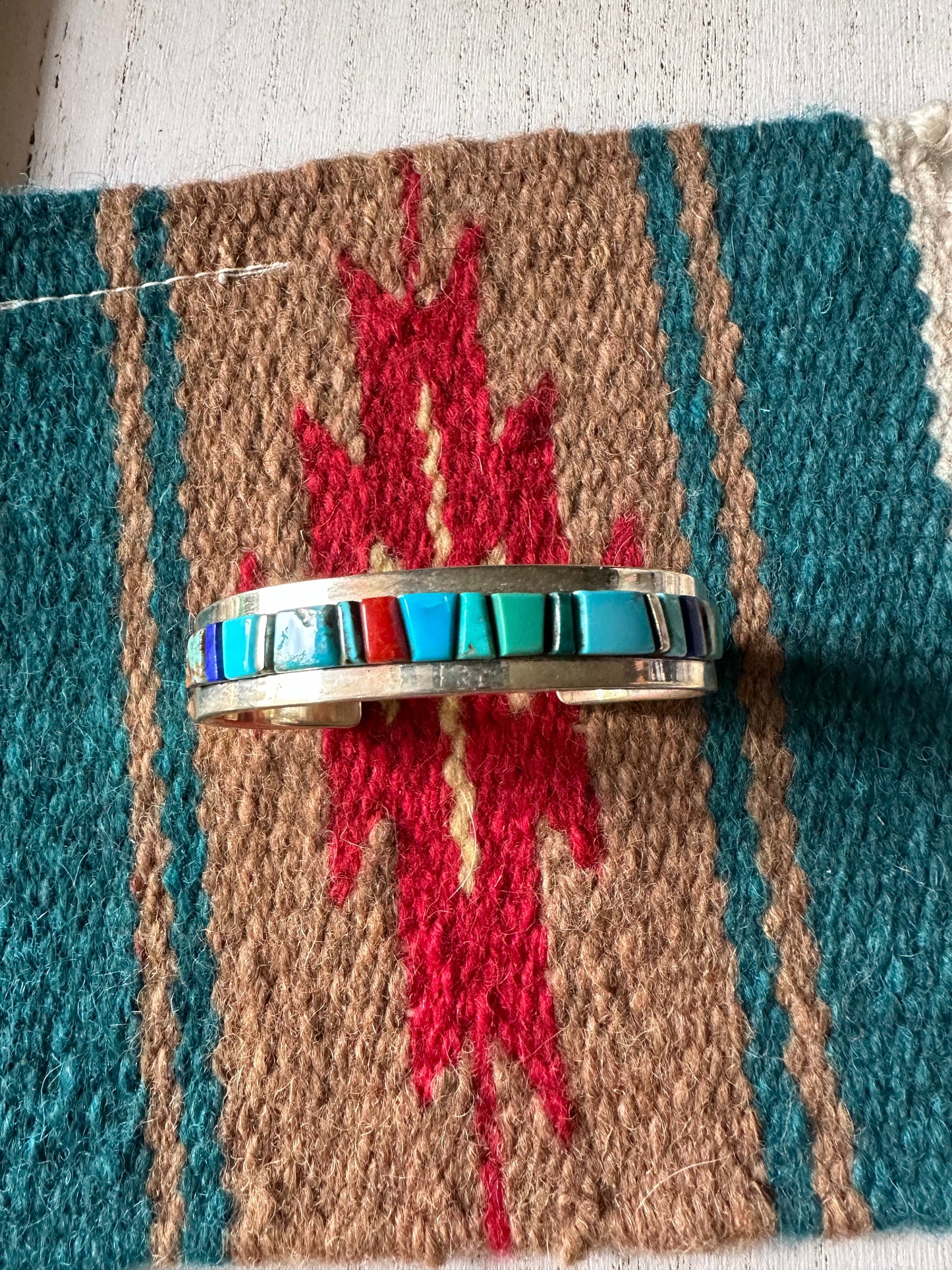 Handcrafted Multi Stone & Sterling Silver Inlay Cuff Bracelet Signed Patricia Ed Becenti