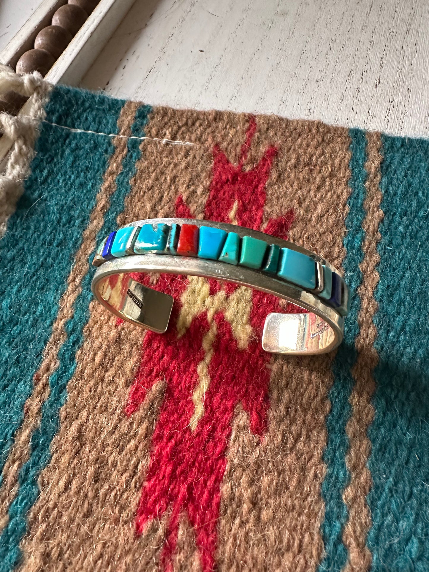Handcrafted Multi Stone & Sterling Silver Inlay Cuff Bracelet Signed Patricia Ed Becenti
