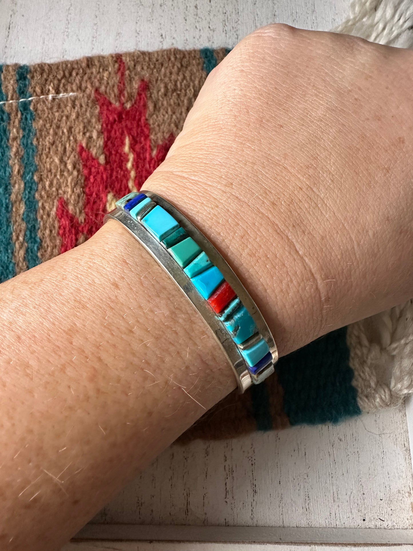 Handcrafted Multi Stone & Sterling Silver Inlay Cuff Bracelet Signed Patricia Ed Becenti