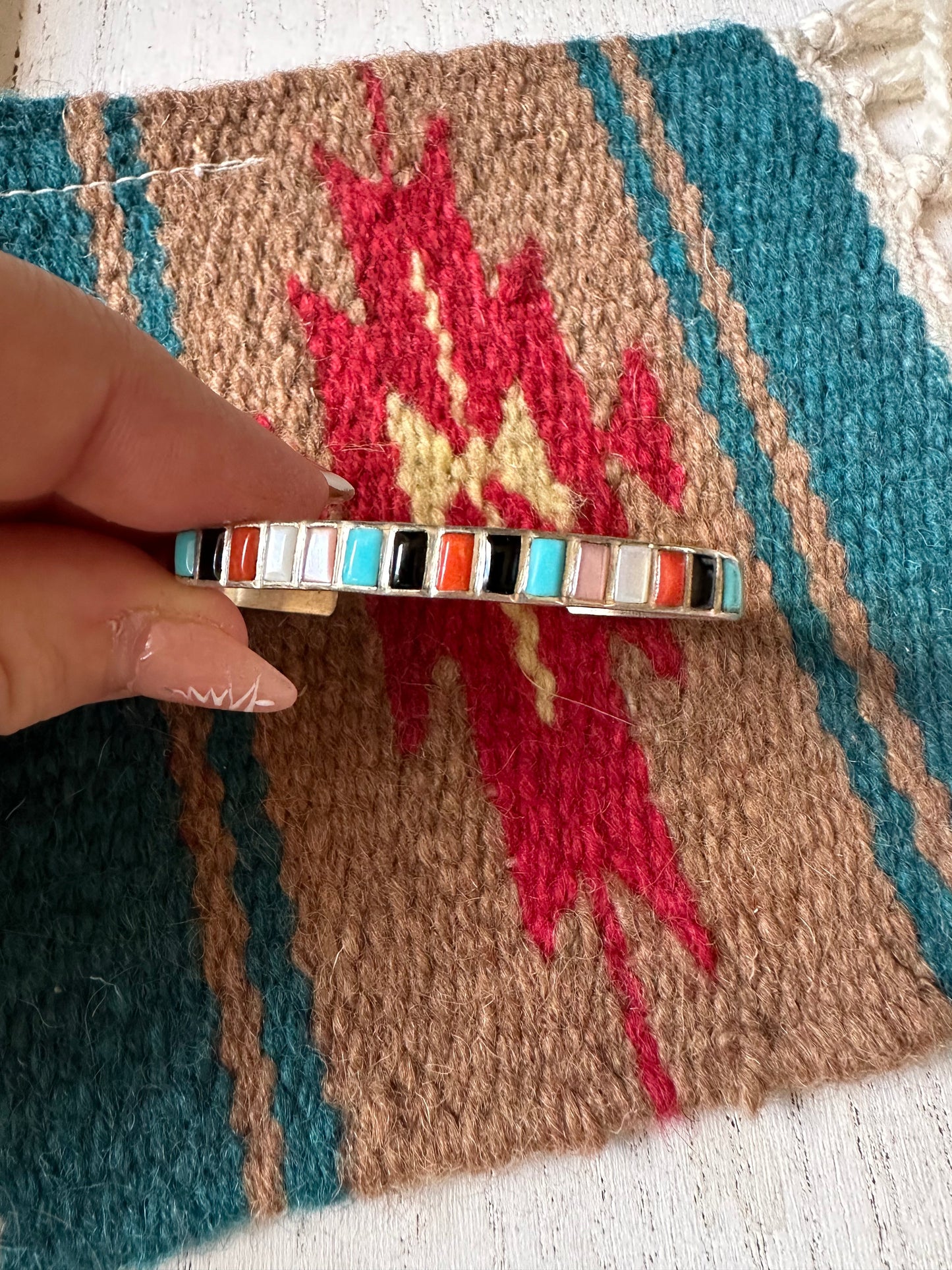 Navajo Multi Stone & Sterling Silver Inlay Thin Cuff Bracelet