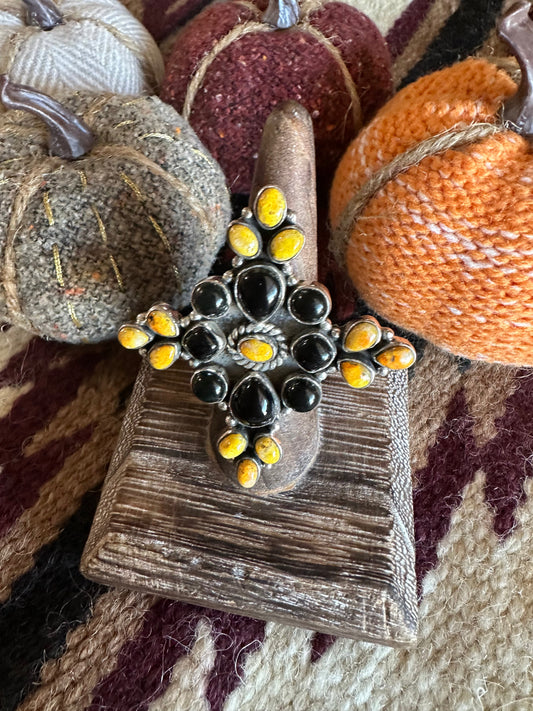 HALLOWEEN COLLECTION Nizhoni Black Onyx, Bumble Bee & Sterling Silver Adjustable Ring