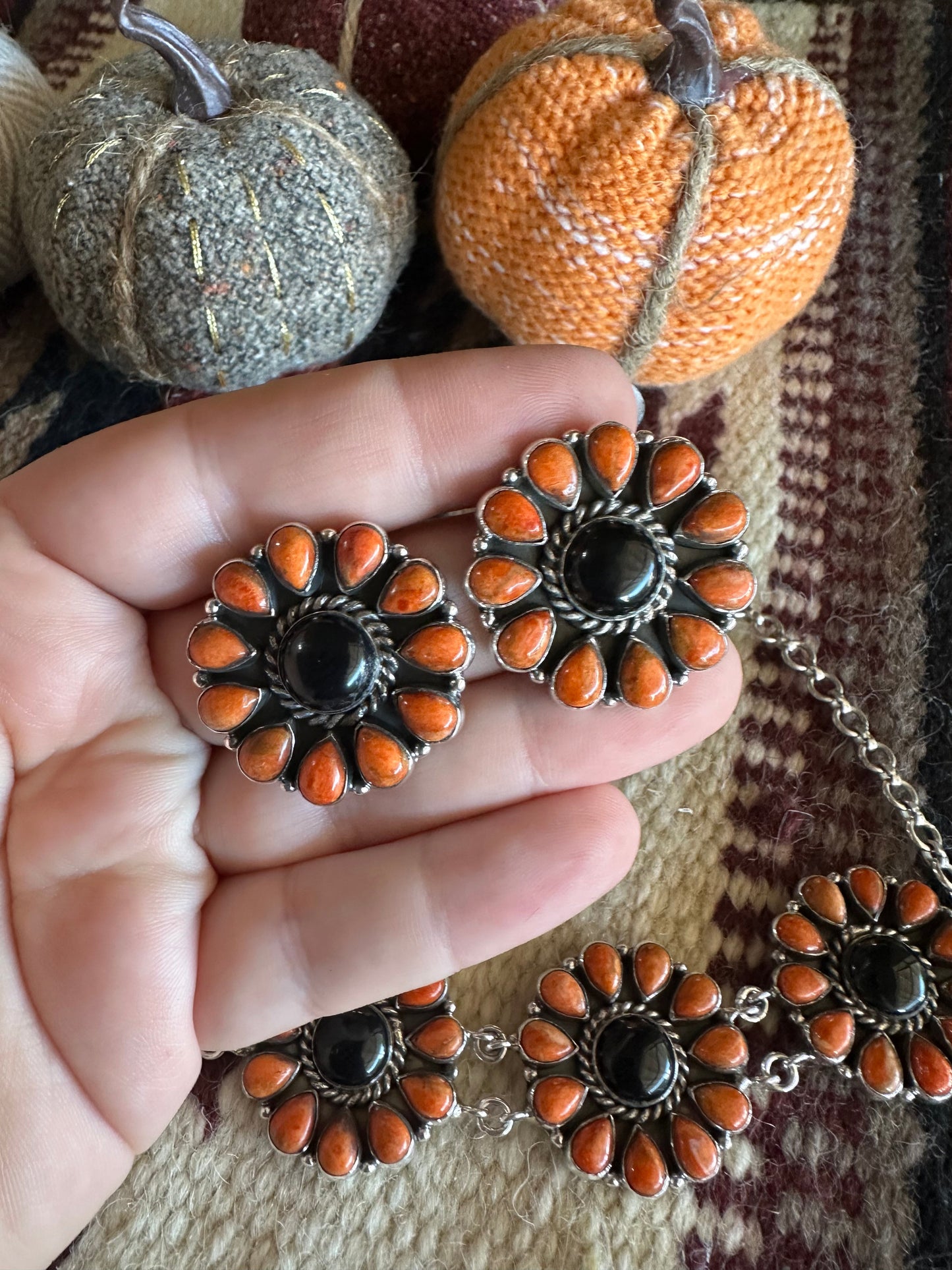 HALLOWEEN COLLECTION Nizhoni Black Onyx, Orange Mojave & Sterling Silver Necklace & Earring Set