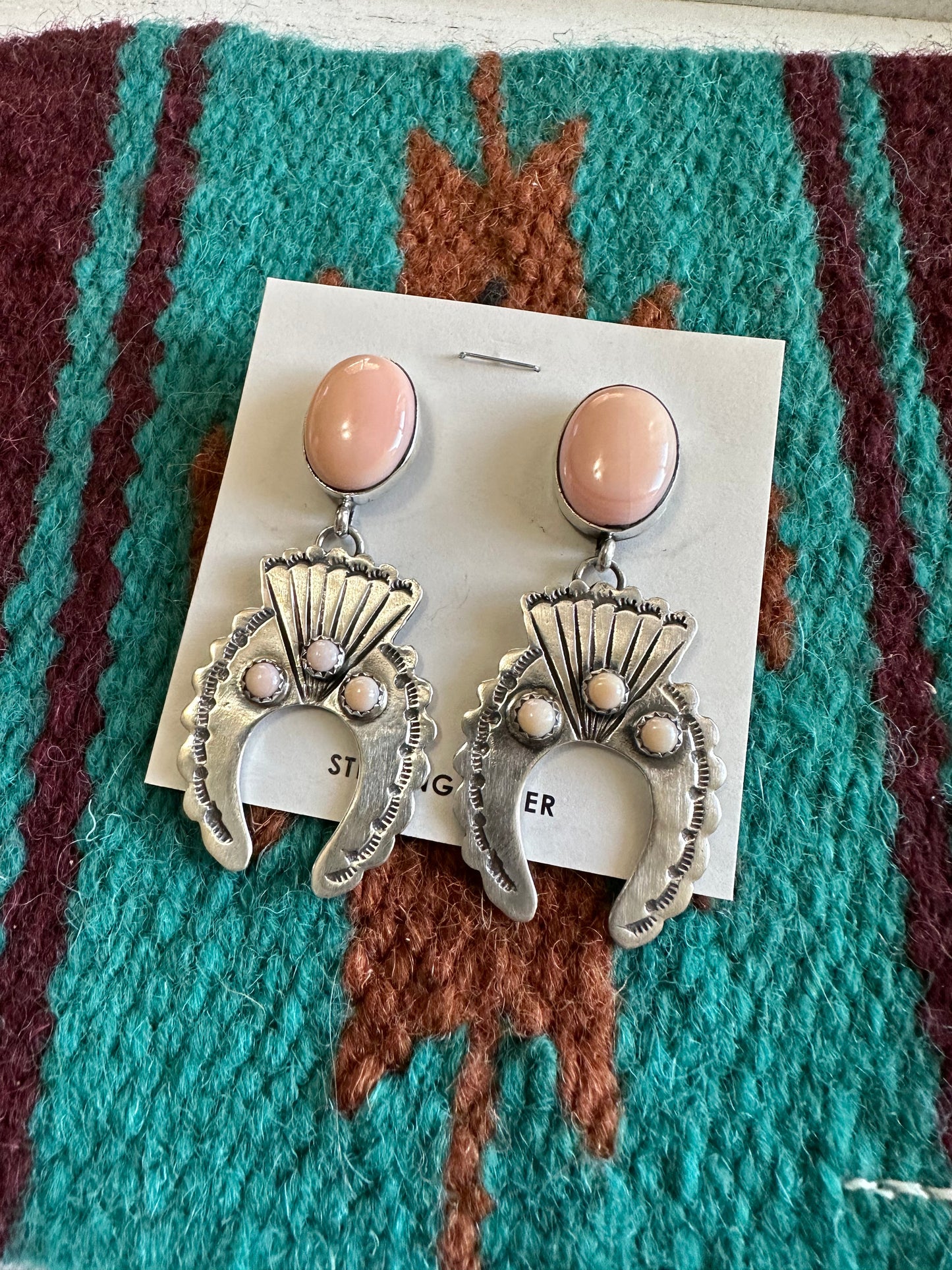 “Sahara Sunset” Navajo Queen Pink Conch & Sterling Silver Concho Dangle Earrings Signed
