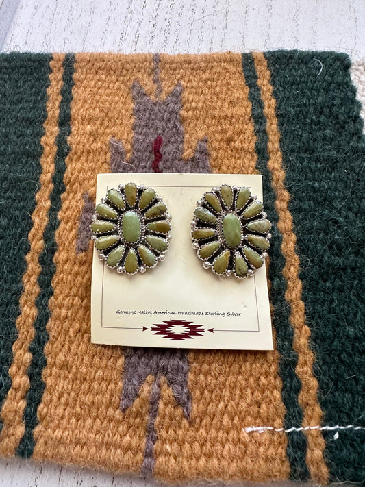“Ocean View”  Handcrafted Sterling Silver & khaki Turquoise Cluster Earrings Signed