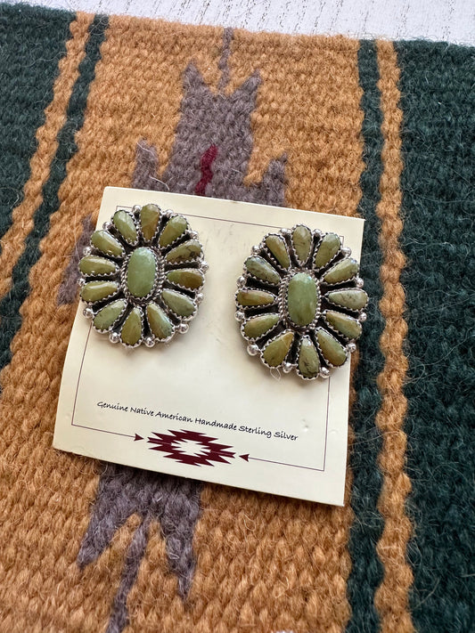 “Ocean View” Handcrafted Sterling Silver & khaki Turquoise Cluster Earrings Signed
