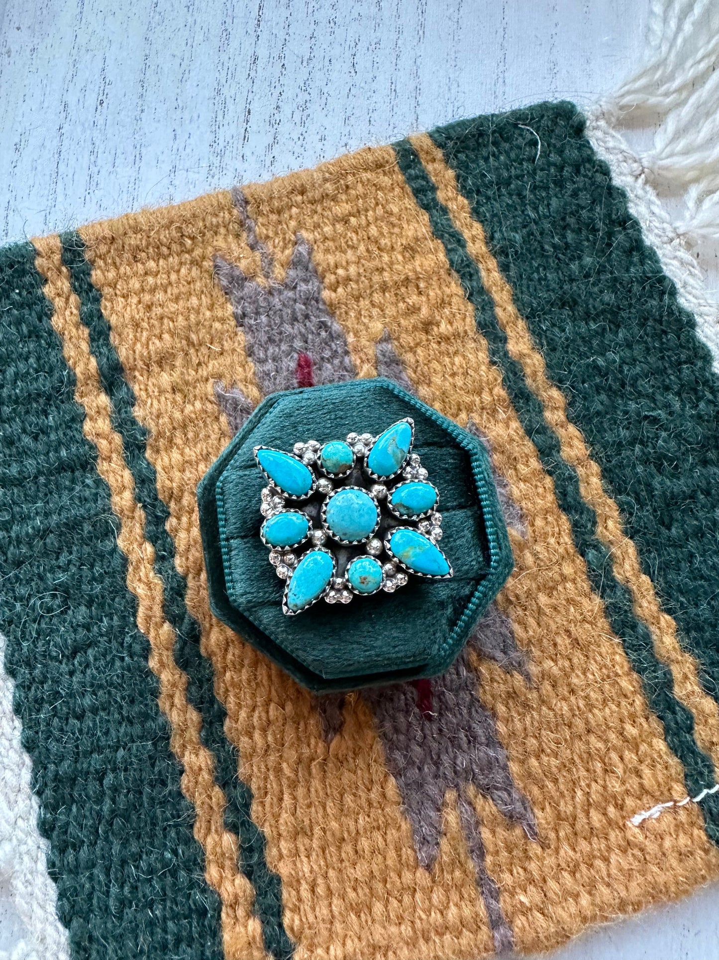 Handmade Turquoise And Sterling Silver Adjustable Cluster Ring