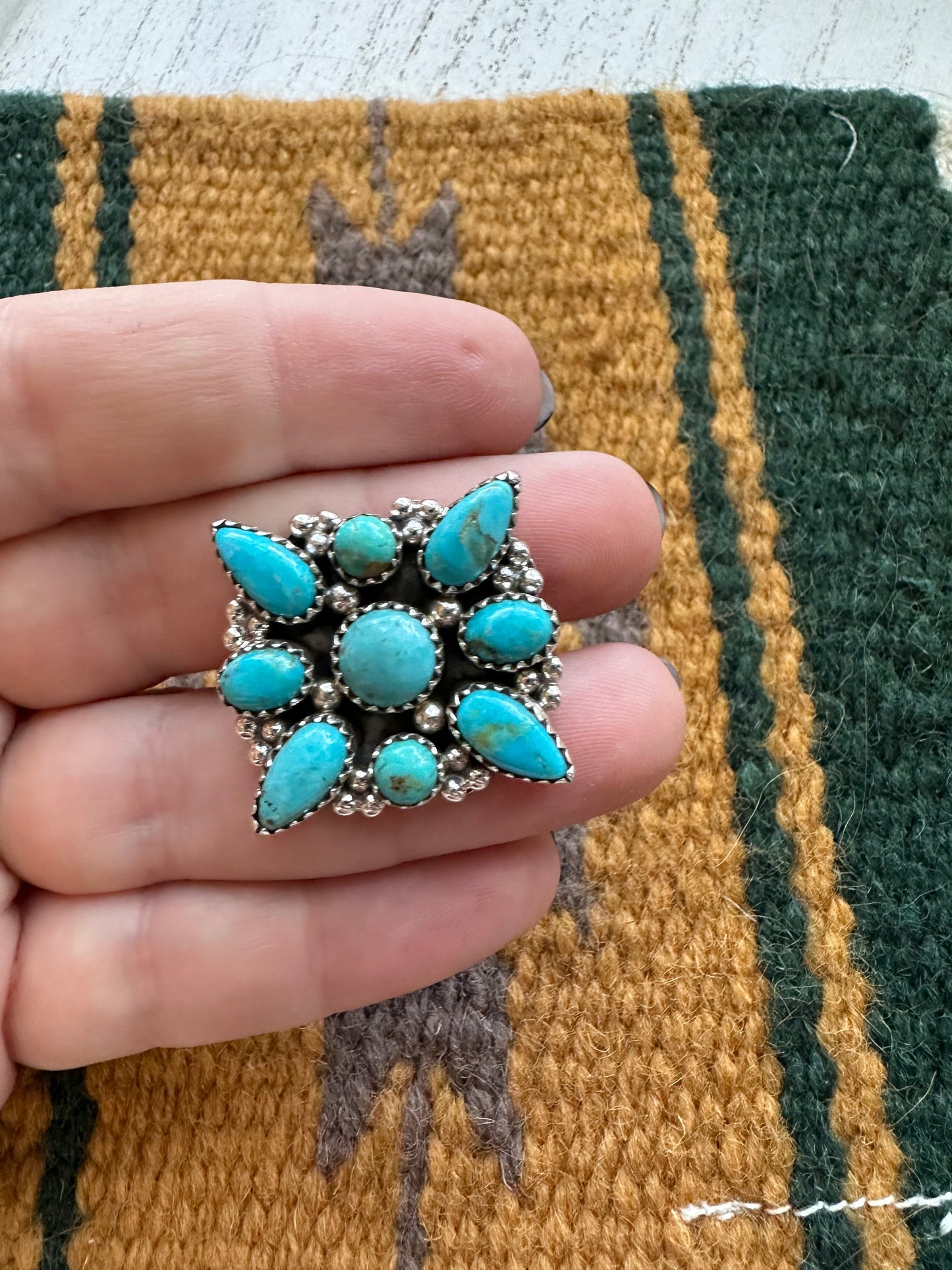 Handmade Turquoise And Sterling Silver Adjustable Cluster Ring