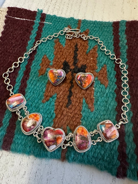 Handmade Sterling Silver & Pink Dream Necklace & Earrings Set Signed Nizhoni