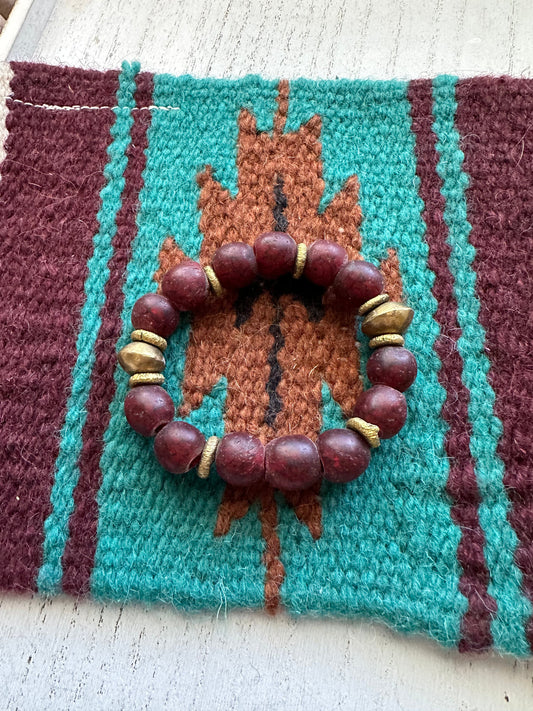 Handmade Recycled Glass Beaded Stretch Bracelet Burgundy
