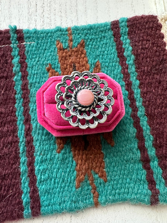 Handcrafted Pink Conch And Sterling Silver Adjustable Flower Ring Signed K Billah