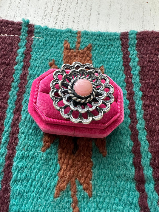 Handcrafted Pink Conch And Sterling Silver Adjustable Flower Ring Signed K Billah