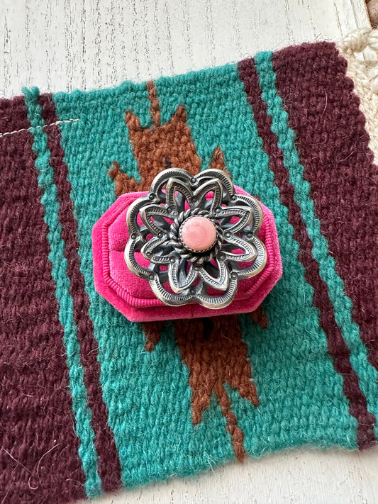 Handcrafted Pink Conch And Sterling Silver Adjustable Flower Ring Signed K Billah