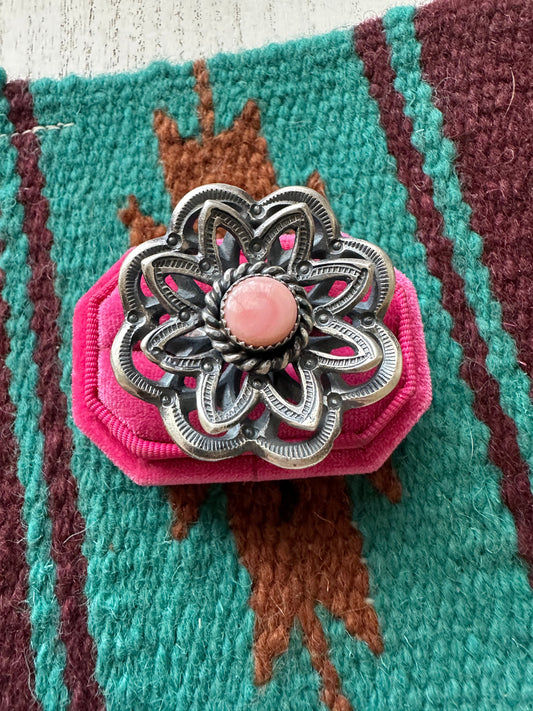Handcrafted Pink Conch And Sterling Silver Adjustable Flower Ring Signed K Billah
